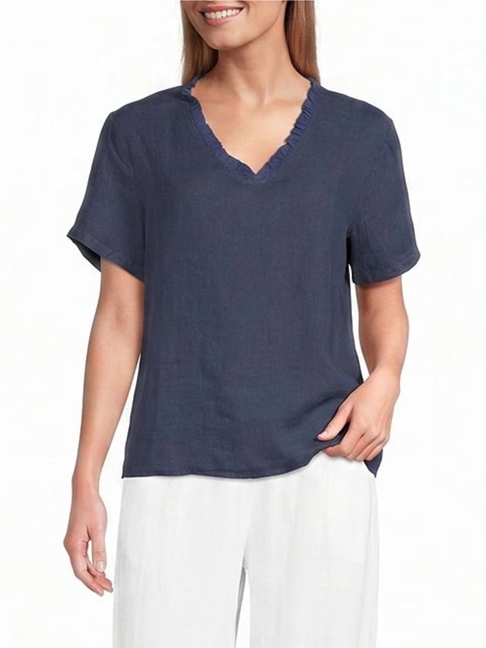 M Made In Italy Navy Blue Short-Sleeve Women’s Linen Blouse Top